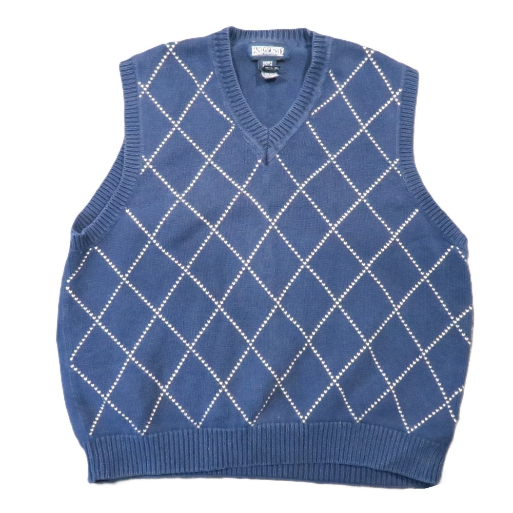 Lands‎ End Sweater Vest M Blue V-Neck Diamond Knit Preppy Vintage 90s Academia